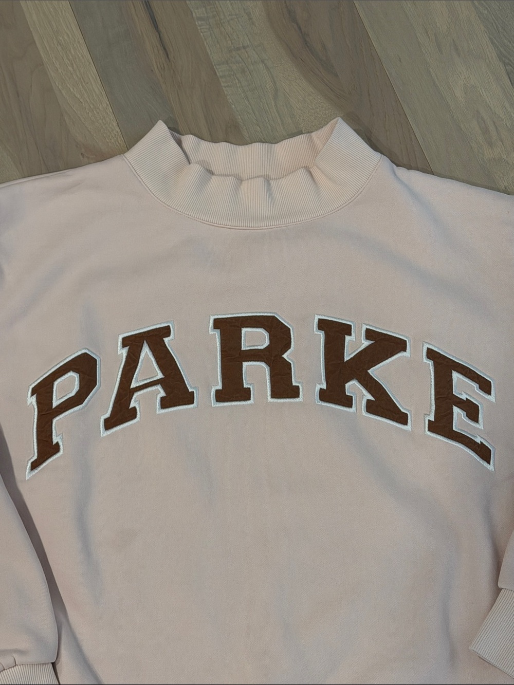 Parke Light Pink Mockneck Brown Letters L/XL small spot on front fleece - Picture 2 of 5